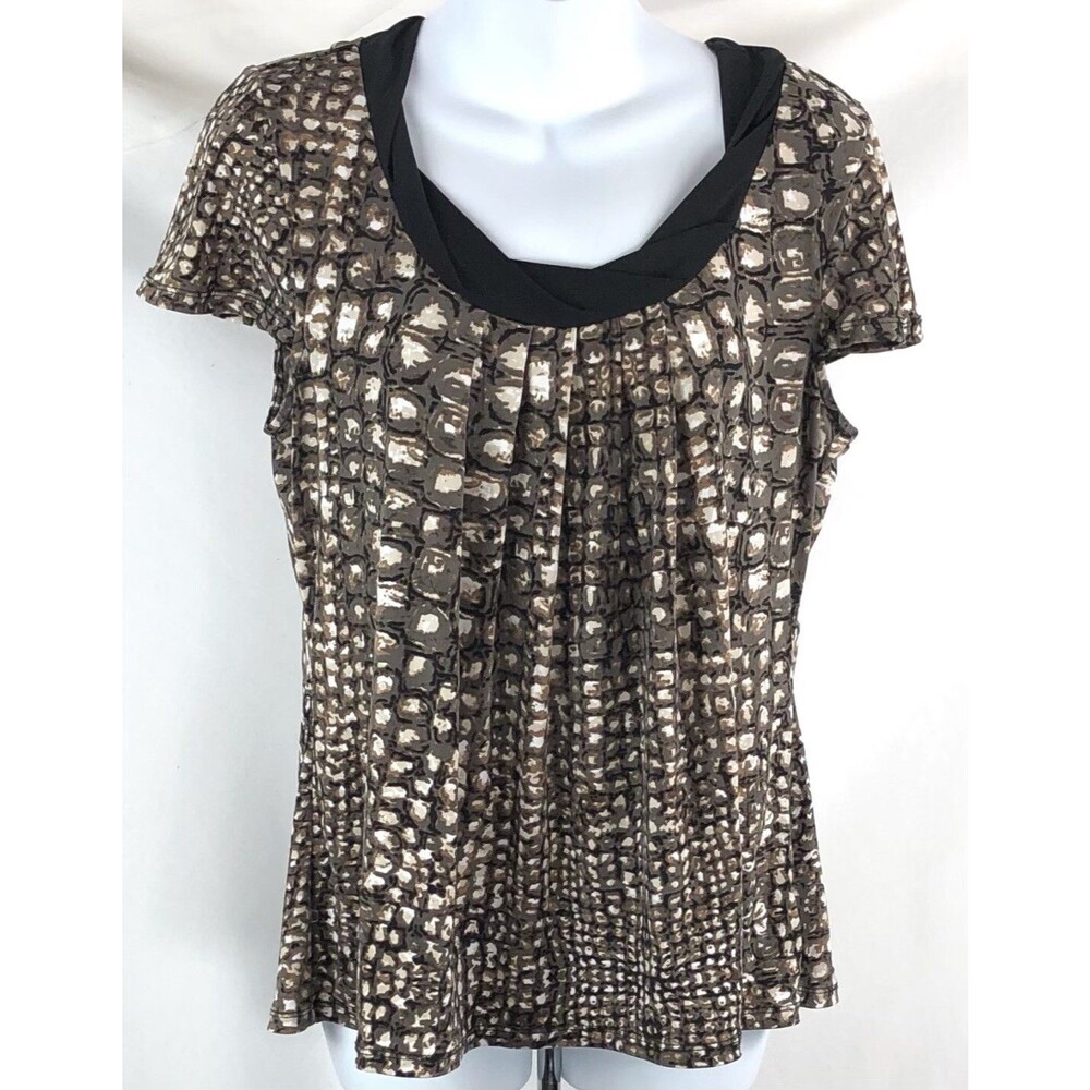 Worthington babydoll top PL Olive Geo Twist scoop Pleated Cap Sleeve boho hippie